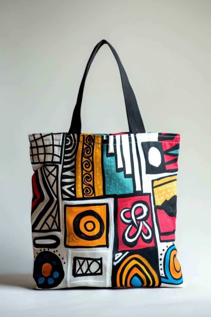 Bold and symmetrical, the unique patterns on this tote feature a harmonious blend of geometric shapes and lines.