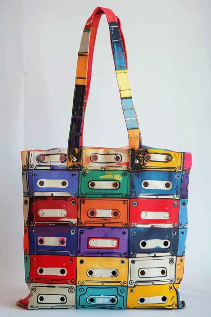 Lined up in rows, the painted vintage cassette tapes on this tote boast detailed labels and colorful designs reminiscent of the 80s and 90s mixtape culture.