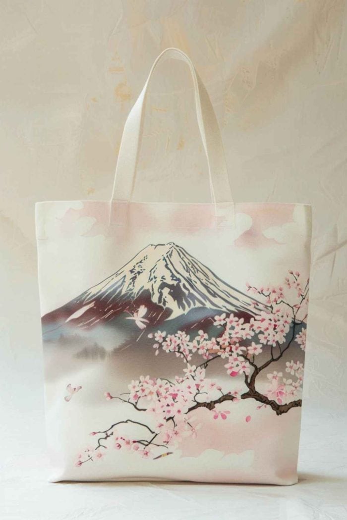 Delicate cherry blossoms drift across the tote, set against a backdrop of a subtly shaded Mount Fuji, celebrating the beauty of Japanese springtime.