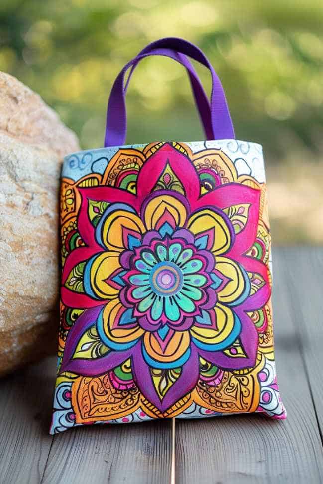 The mandala designs on this tote are a feast for the eyes, with each line and curve meticulously placed to form a harmonious whole.