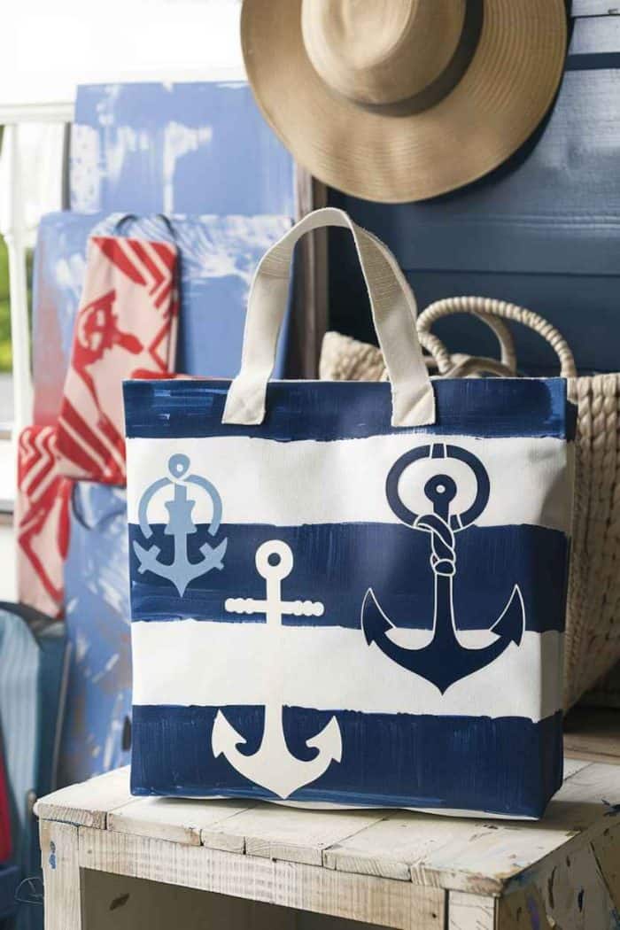 This tote is a sailor's dream, adorned with classic anchors set against painted blue stripes, evoking the timeless appeal of the sea.