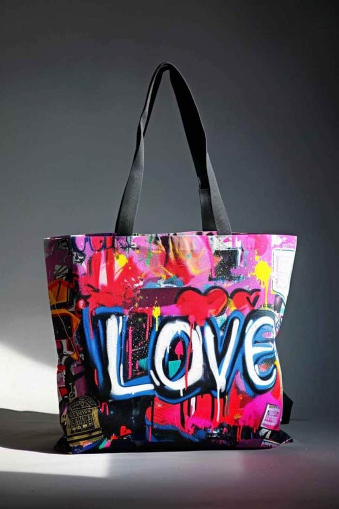 Urban artistry takes center stage on this tote, featuring graffiti-style lettering and abstract shapes in a riot of colors that pop against a stark, often dark, background.