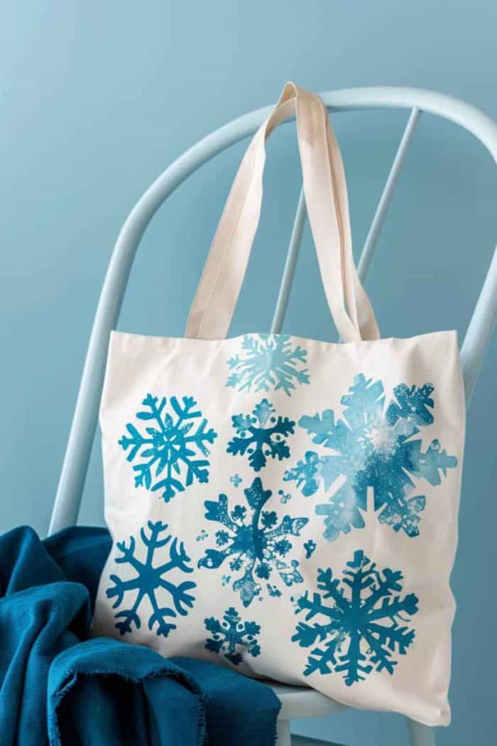The tote becomes a canvas for the quiet beauty of winter, with an array of snowflakes, each one intricately detailed, and icicles that seem to glisten against a backdrop of cool blues and whites.