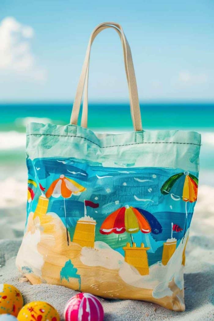 This tote bag is a splash of summer with a vibrant beach scene that includes sandcastles, sun umbrellas, and blue seas.