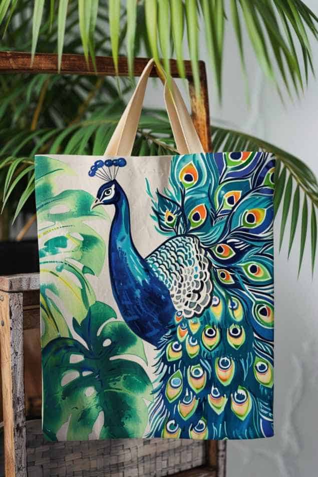 This peacock has dazzling feathers that bring a burst of color to the tote, set against a backdrop of green tropical leaves.