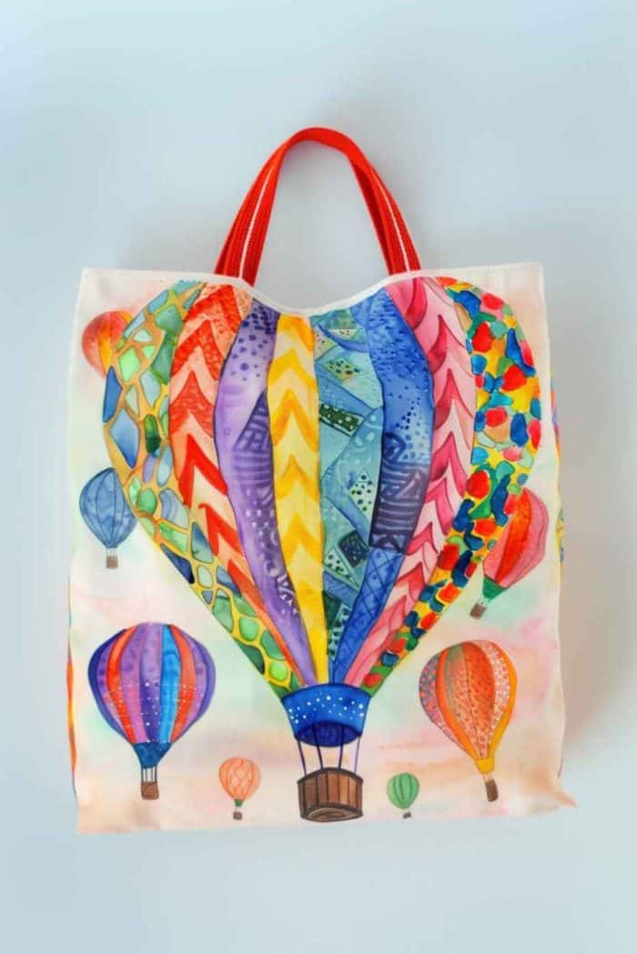 A fleet of hot air balloons, each painted in a kaleidoscope of colors and patterns, floats across the tote's fabric, evoking a sense of freedom and exploration.