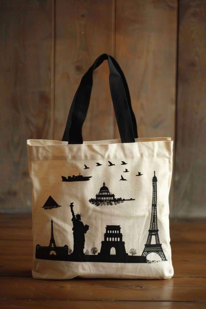 The tote becomes a passport of painted landmarks, featuring the Eiffel Tower, the Statue of Liberty, the Pyramids, and more, each carefully depicted to be instantly recognizable.