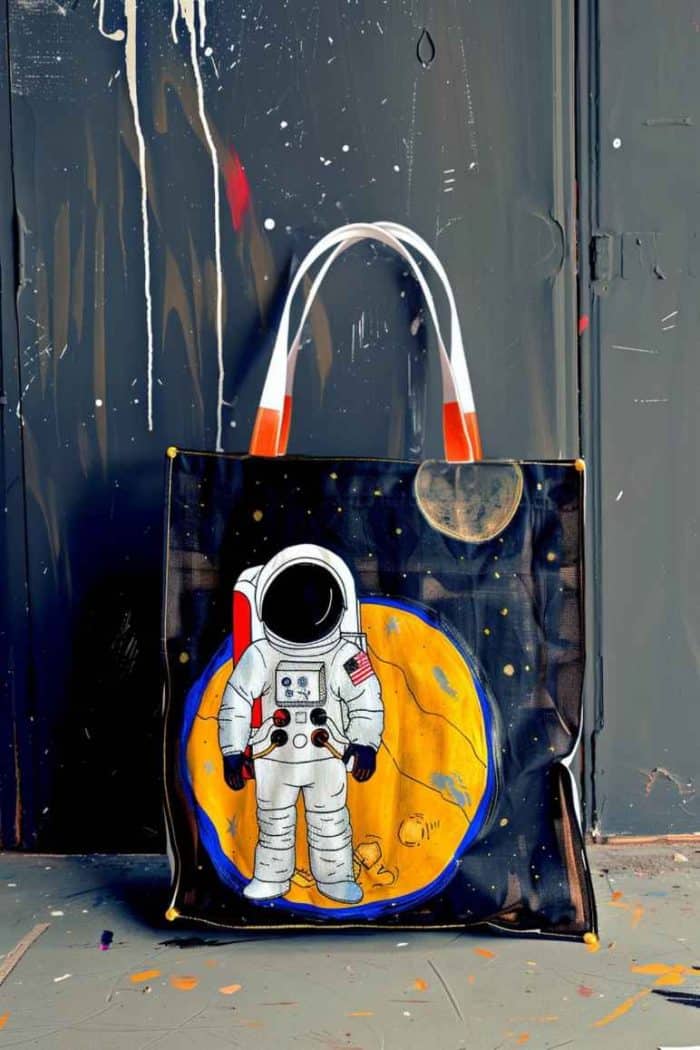 This tote bag features an astronaut in stunning detail against a backdrop of stars and distant galaxies, inspiring thoughts of cosmic voyages and discoveries.