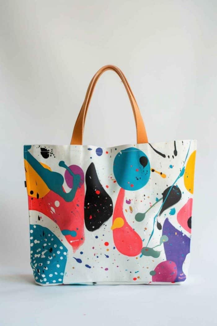 Inspired by the greats of modern art, this tote bag features abstract shapes and bold color splashes against a muted background, creating an impactful visual statement.