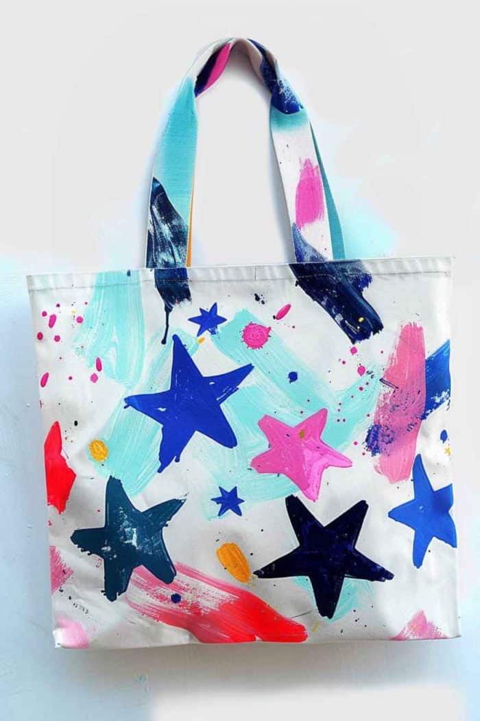 The tote bag is transformed into a starry expanse, where stars are scattered across navy blue fabric, resembling the vastness of the universe.
