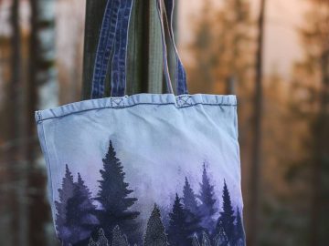 On this tote, the stark beauty of a forest silhouette is depicted against the soft, fading colors of a dusk sky. 
