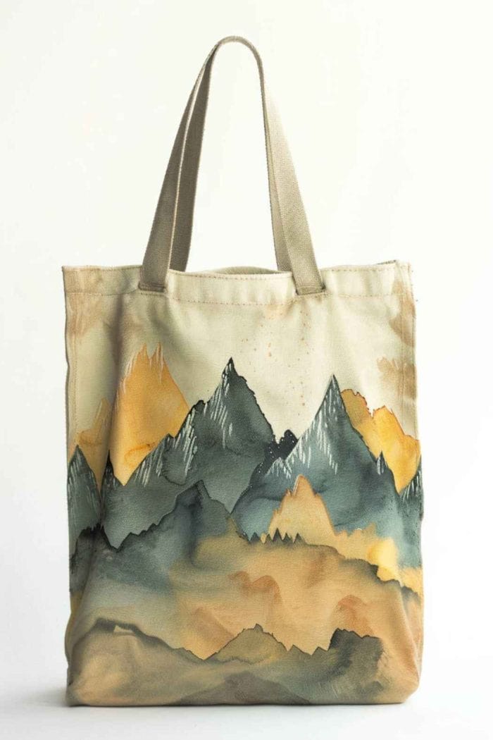 The rugged tranquility of a mountain landscape is captured on the tote, with peaks in shades of brown, yellow, and green.