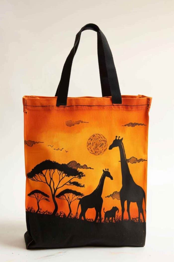 A safari scene unfolds on this tote, featuring the silhouettes of elephants and giraffes set against the backdrop of a warm, orange-hued savanna sky.