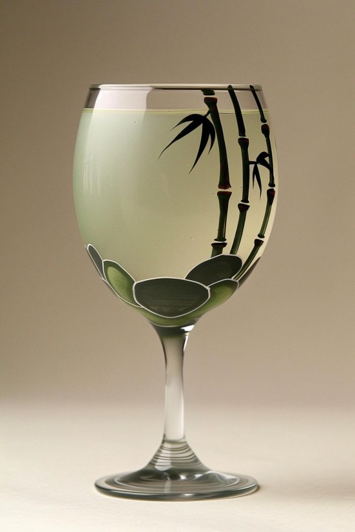 This glass captures the essence of a Zen garden, with minimalist designs of bamboo stalks and smooth, round stones. 