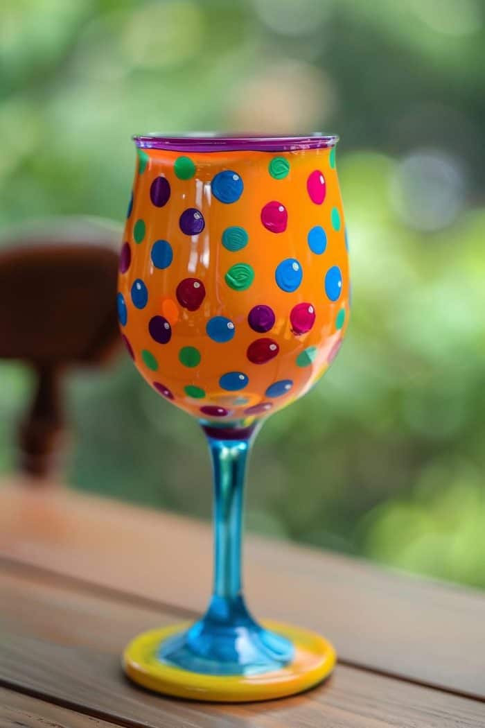 Brightly colored polka dots pop against a contrasting base color, giving this glass a playful retro vibe. 
