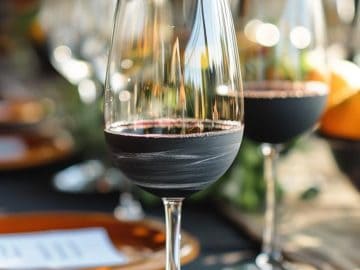 A section of this glass is painted matte black with sweeping strokes of white paint. The monochromatic color scheme adds a modern feel to the wine glass, which makes it perfect for a sleek table setting. 