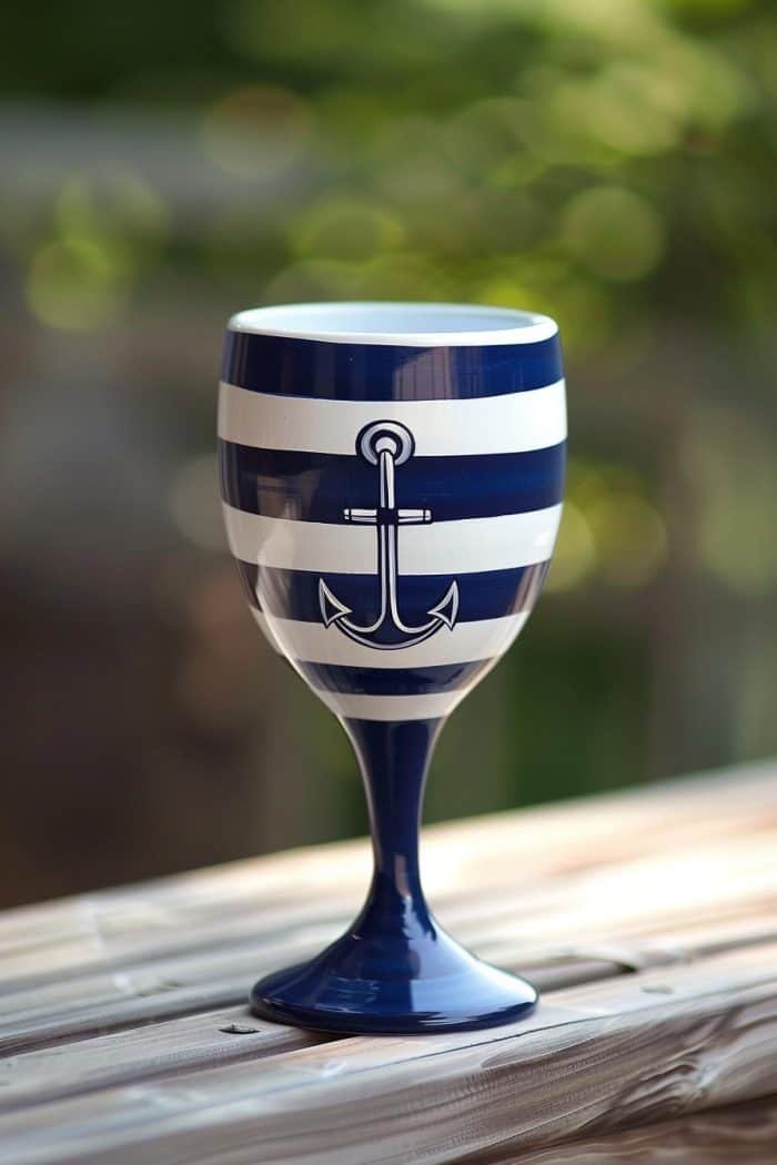 This wine glass is adorned with crisp navy and white horizontal stripes reminiscent of a sailor's uniform. The focal point is a bold anchor emblem. 