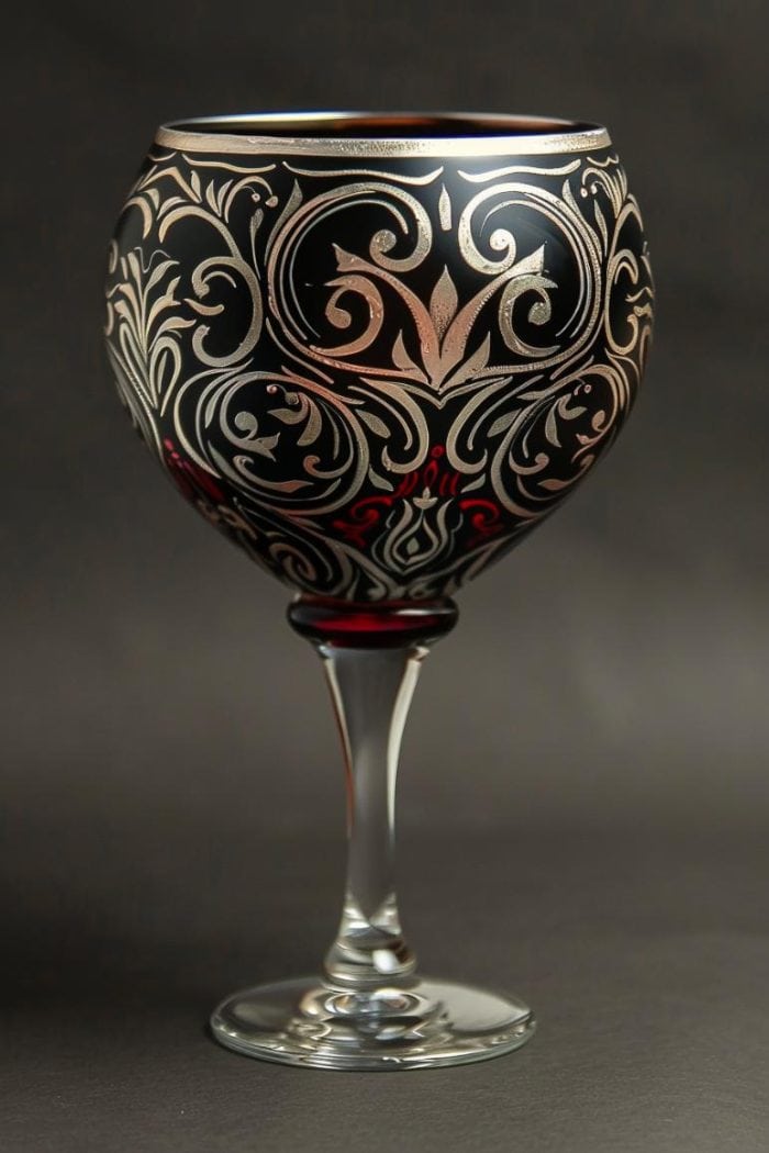 The glass features intricate gothic motifs such as pointed arches, stained glass patterns, and ornamental filigree in a palette of black, deep reds, and metallic silvers. 