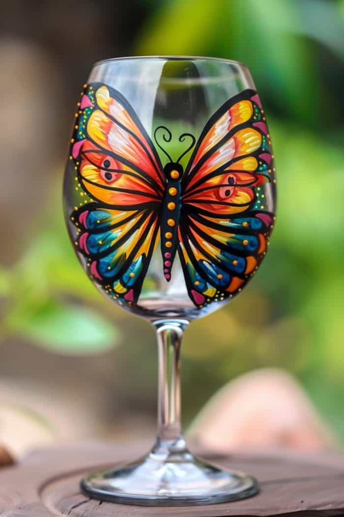 Colorful butterfly wings, with their unique patterns and vivid hues, are painted as if mid-flight around the glass. 