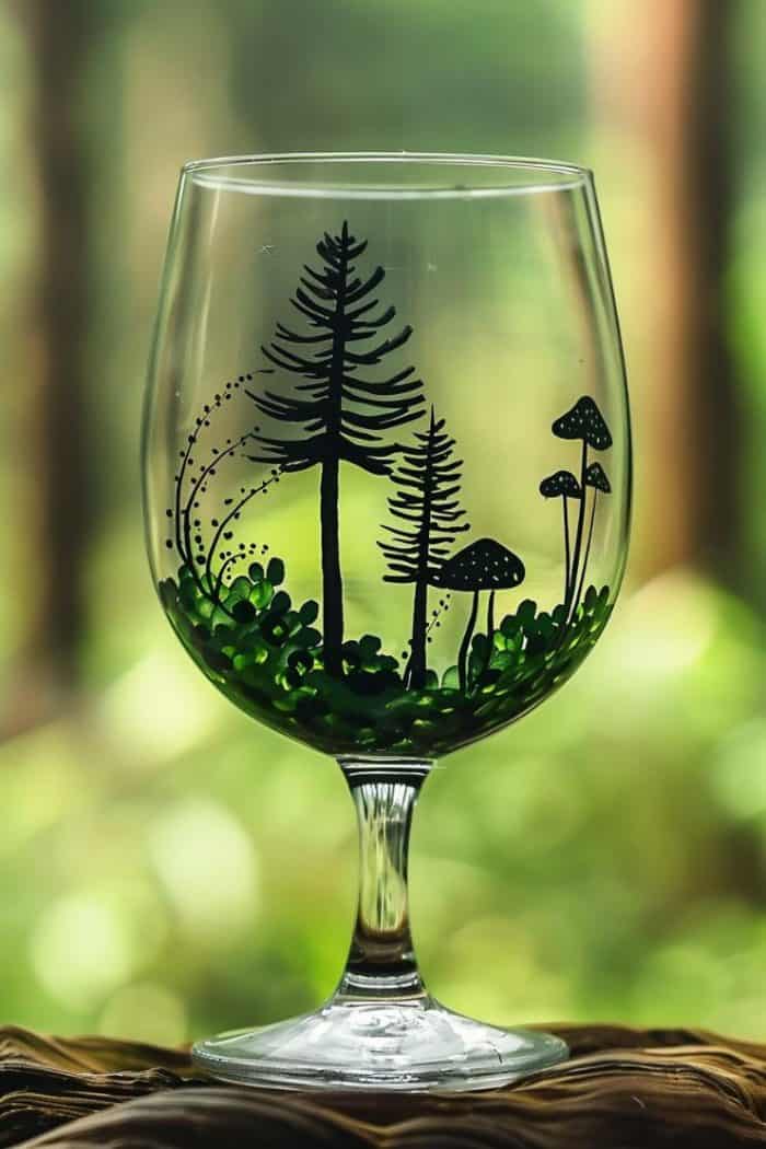 This glass is encircled by a mystical forest scene complete with green foliage, whimsical mushrooms, and fir trees. 