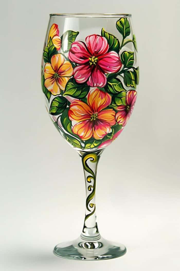This design features a lively array of flowers, with petals in shades of pink and orange and lush green leaves winding around the stem. 