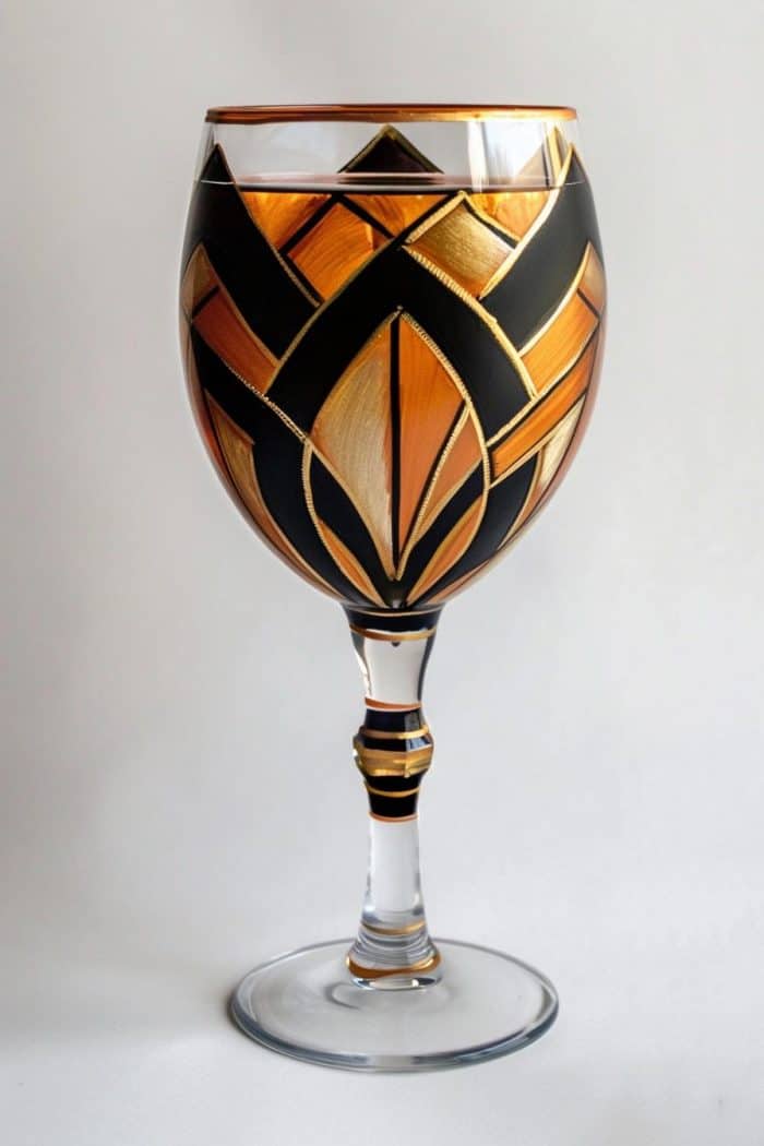 The wineglass pays homage to Art Deco style with sharp geometric patterns, symmetrical lines, and luxurious gold accents. 