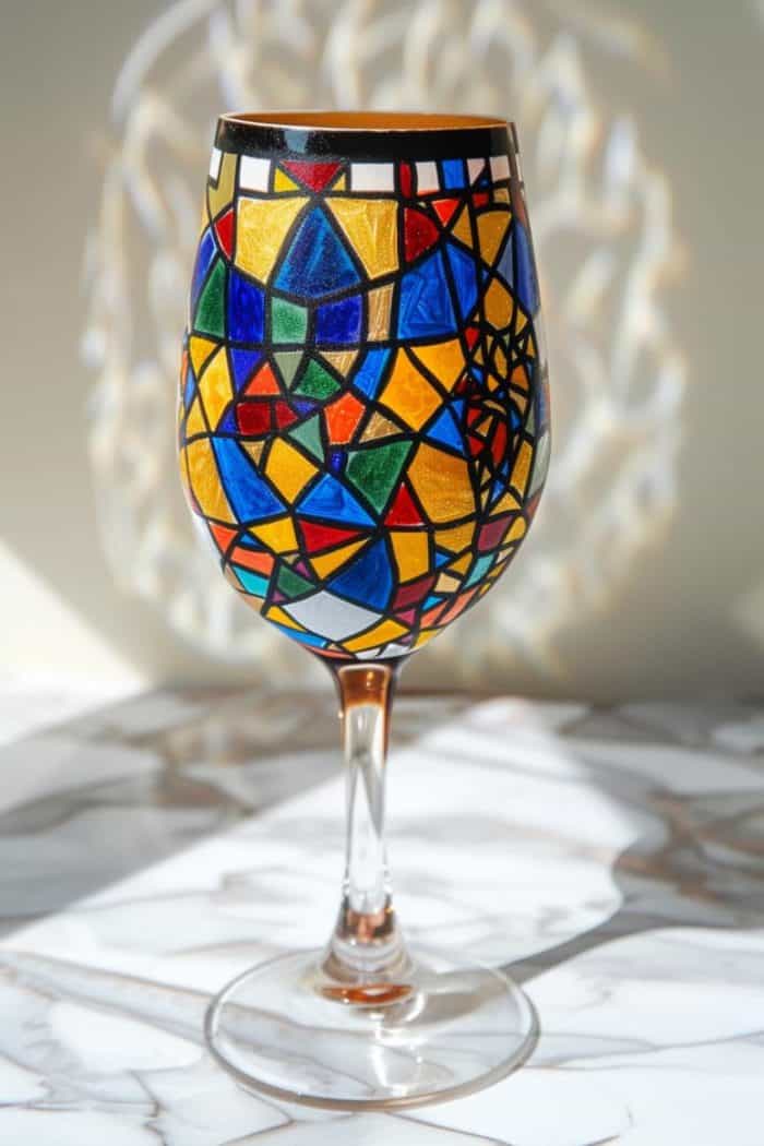 Inspired by the intricate art of stained glass, this glass is a kaleidoscope of geometric shapes and rich colors. Each segment is meticulously outlined in black to mimic grout lines. 