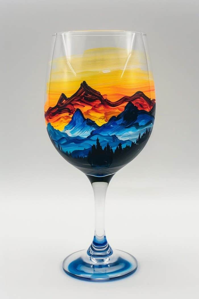 The silhouette of a majestic mountain range is painted on this glass, the peaks set against a gradient sky transitioning from the warm hues of sunset to the cool tones of dusk. 