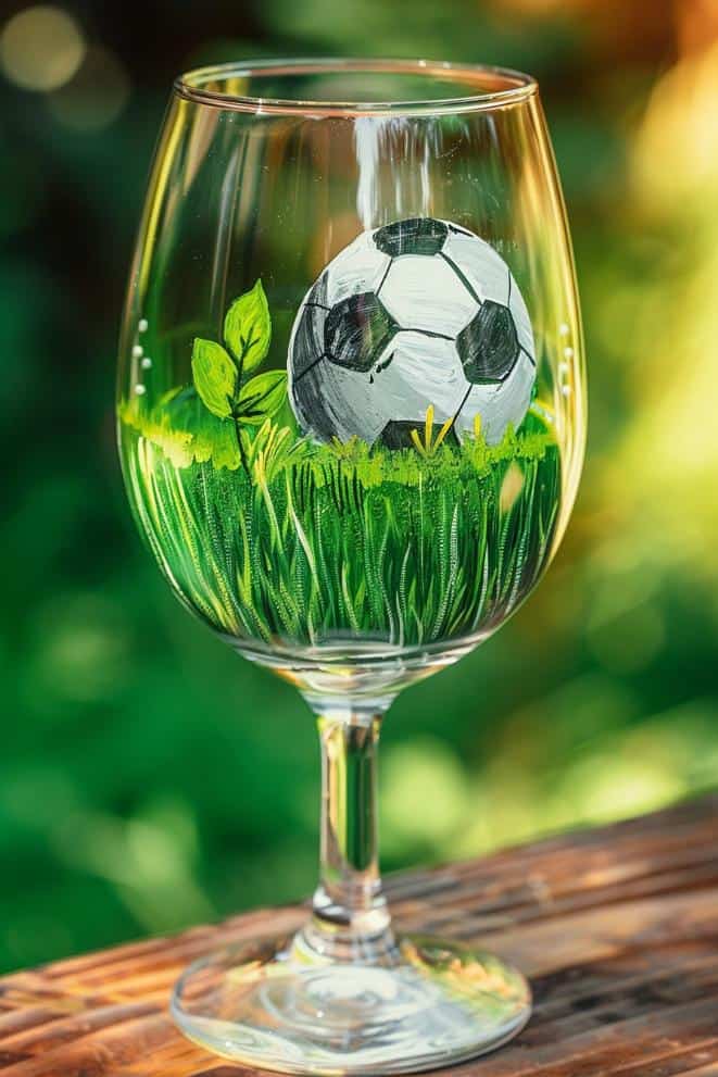 This glass is a tribute to sports enthusiasts, featuring a soccer ball in a grass field. 