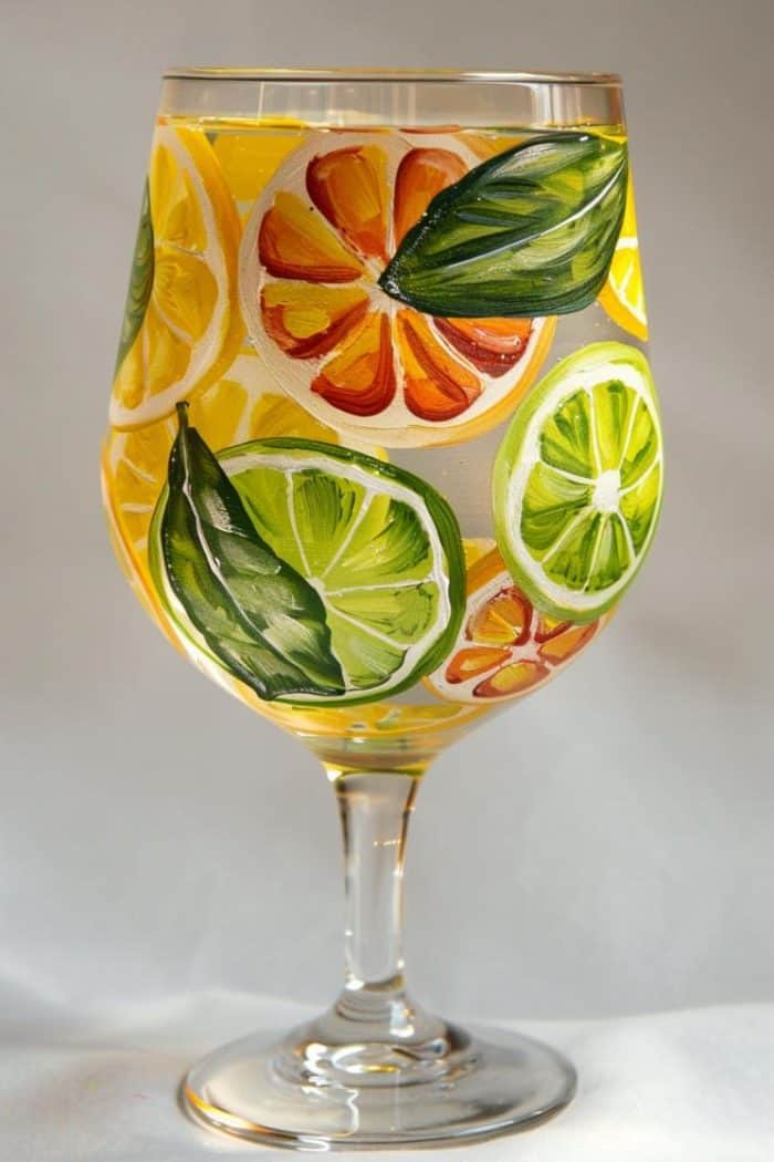 Vibrant, lifelike citrus slices—lemons, limes, oranges—wrap around the glass, complete with detailed pulp and rind textures. 