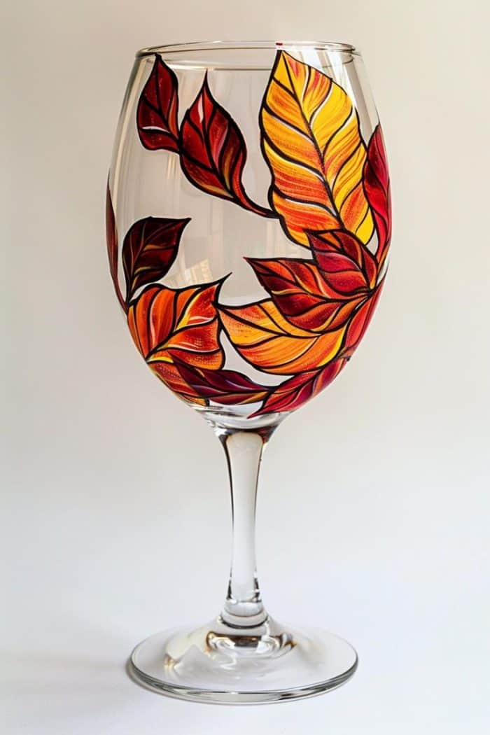 Fall's palette of red, orange, and yellow leaves is painted, cascading around this glass as if caught in a gentle breeze. The leaves are detailed with veins and slight color variations to mimic the natural change in foliage colors. 