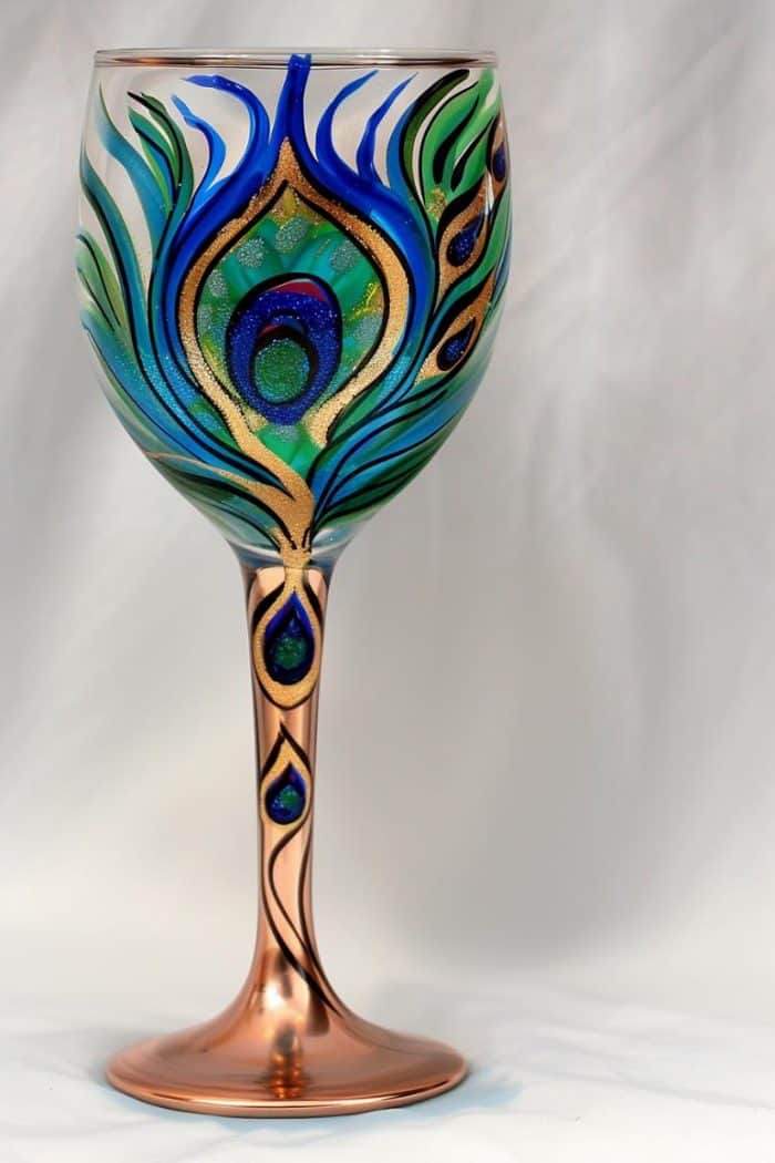 The glass is adorned with the vibrant blues, greens, and golds of a peacock feather, with fine lines creating the intricate eye pattern. 