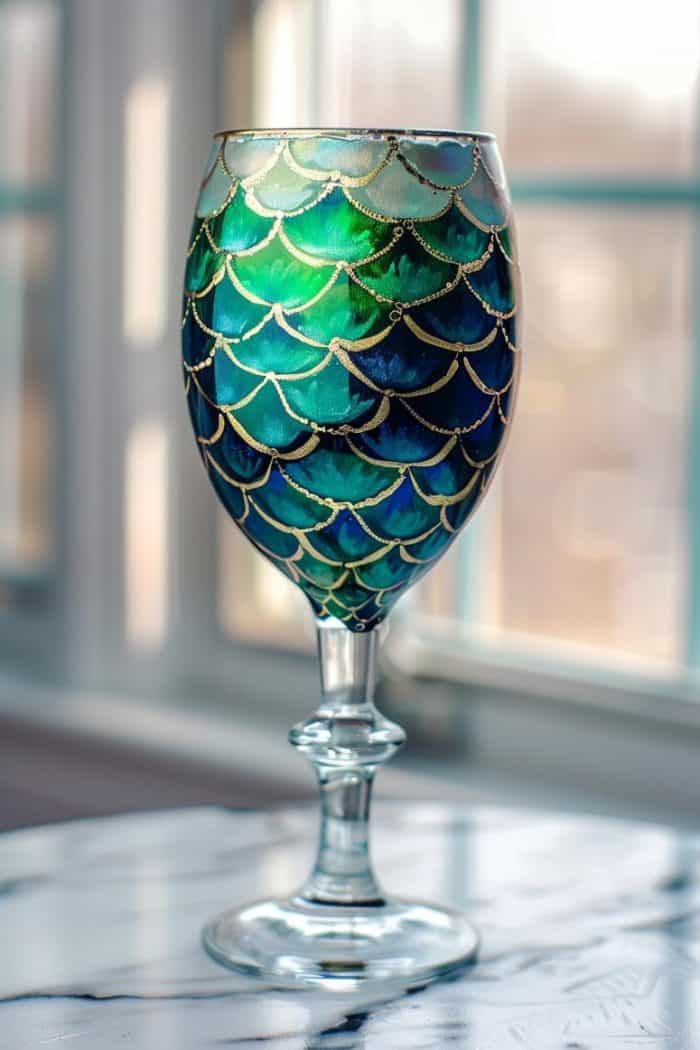 This design is all about the mystical shimmer of a mermaid's tail. Overlapping scales are painted in shades of green and blue, with a touch of metallic or iridescent paint to add a magical glimmer.