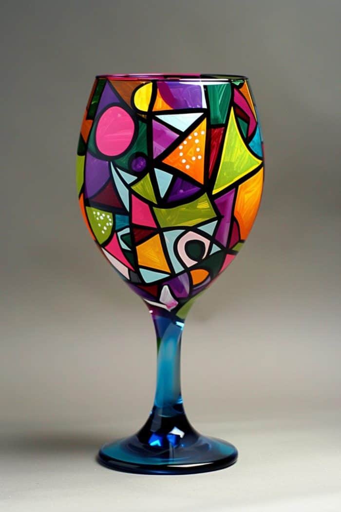 The wine glass is adorned with a vibrant array of geometric shapes, including triangles, rectangles, and circles, in a spectrum of colors. 