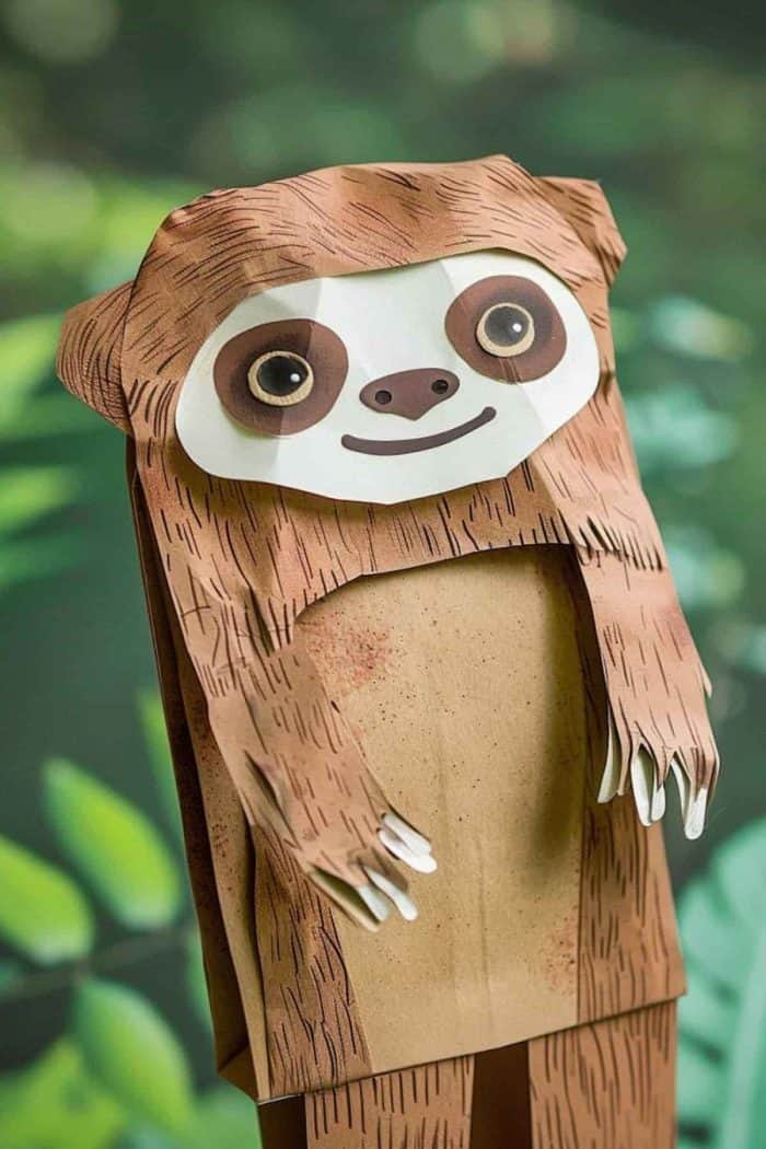 Cuddly and calm, this paper bag sloth is a great character to mix up your usual repertoire of animal crafts. Tip: Its claws can be made out of cardboard from old white boxes!