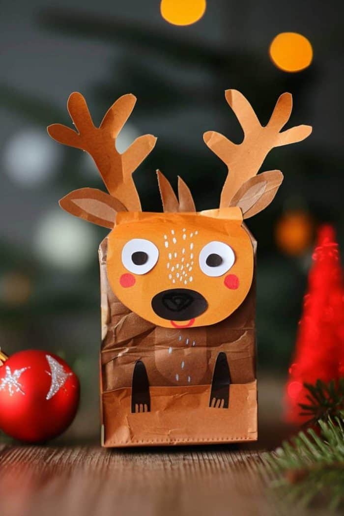 Create this paper bag reindeer with your kids, and make sure to add large antlers with a sprinkle of glitter for wintry magic.