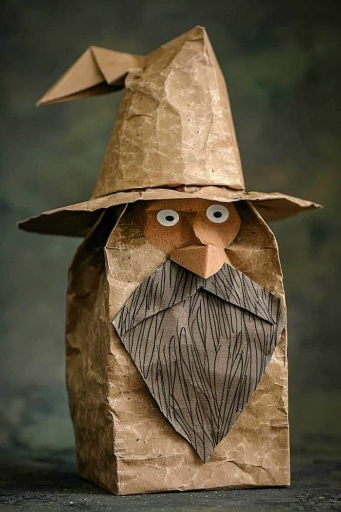 Creating this bearded wizard involves cutting out a beard with gray paper and adding black lines to make a flowing beard. Then you can construct a pointy hat from another paper bag.