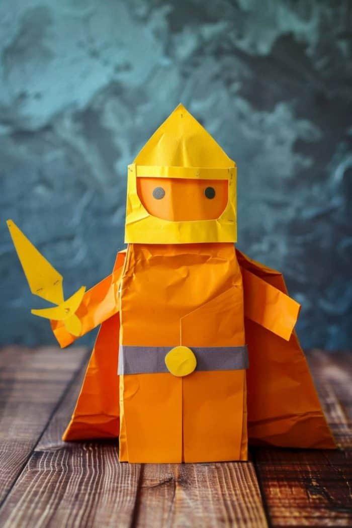 With his yellow sword and helmet, this brave knight is ready to go into battle and defend his castle!