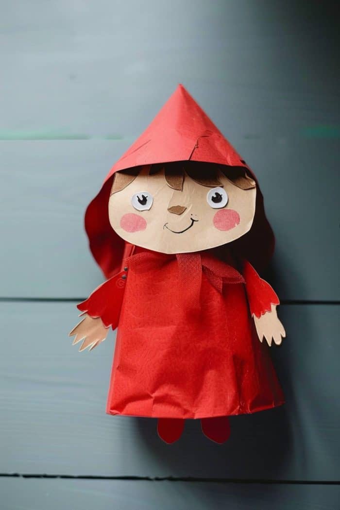 What makes it stand out is the red paper cloak added to the paper bag, along with the red ribbon around her neck.