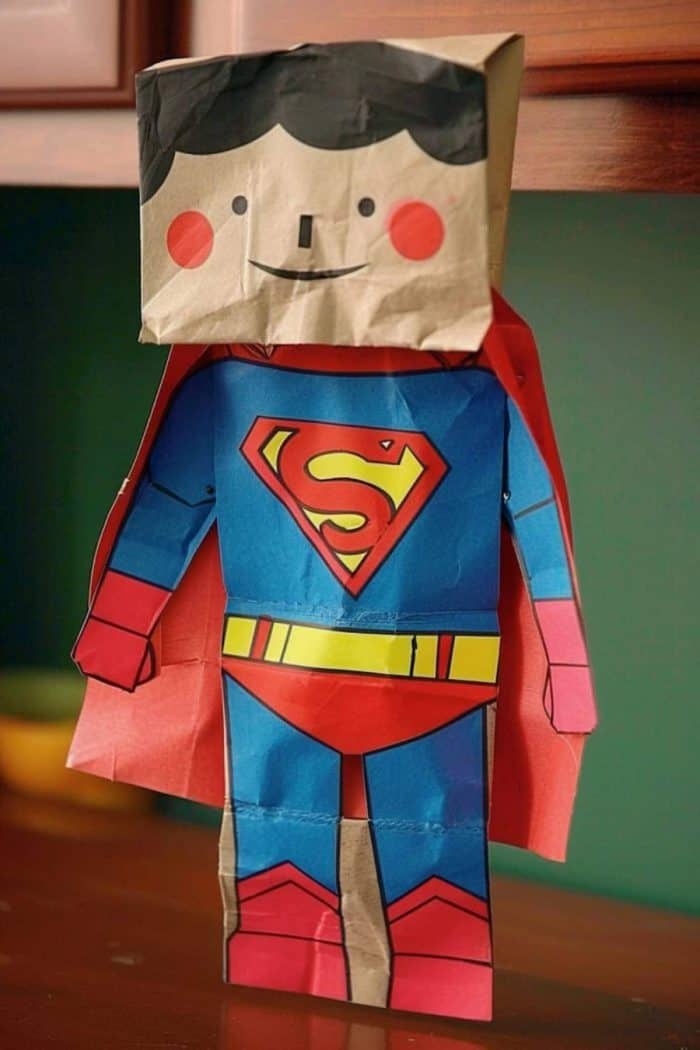 Everyone knows that superheroes look their coolest with capes, and this paper bag Superman dons the character’s famous red cape and the S logo on his chest.