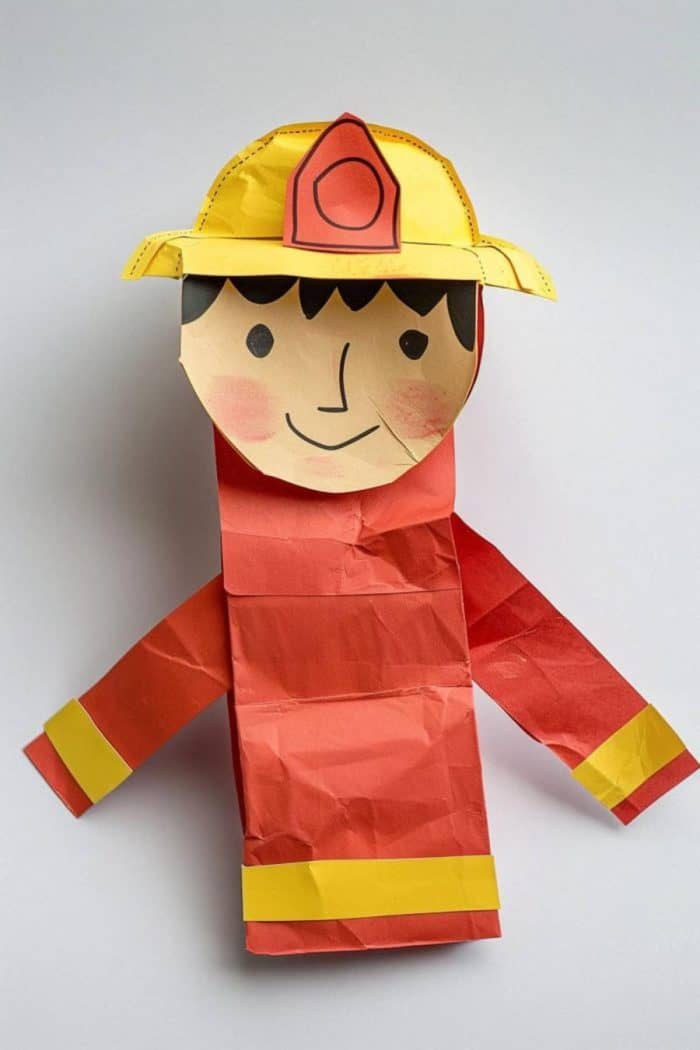 Equipped with a yellow helmet and a red uniform with yellow stripes, this firefighter craft embodies bravery like no other.