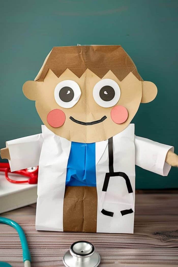This smiling doctor can play a caring role in imaginative play. Give him a white coat, a blue shirt, and — of course — a stethoscope for a true-to-life look.