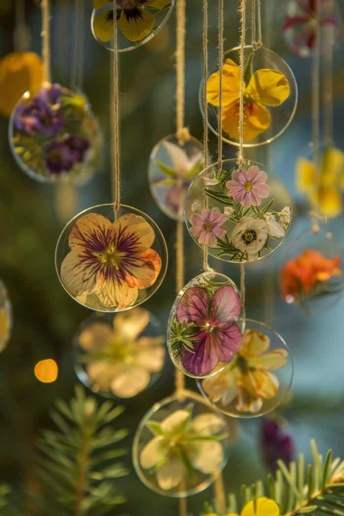Design ornaments by pressing flowers and sealing them within clear glass or plastic discs.