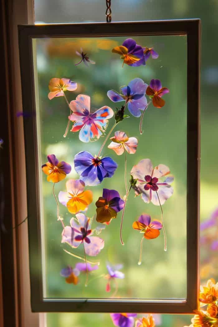 Craft suncatchers by placing pressed flowers onto transparent sheets and framing them for hanging.