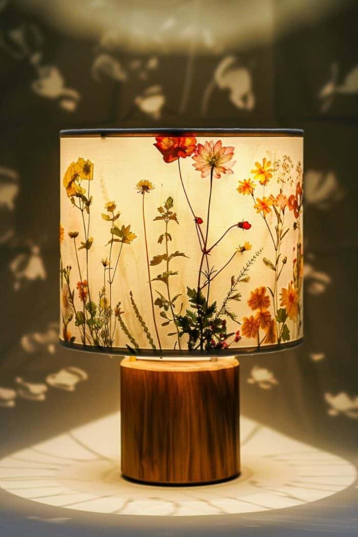 Adhere pressed flowers to lampshades using a transparent adhesive or by incorporating them into the shade material during the crafting process.