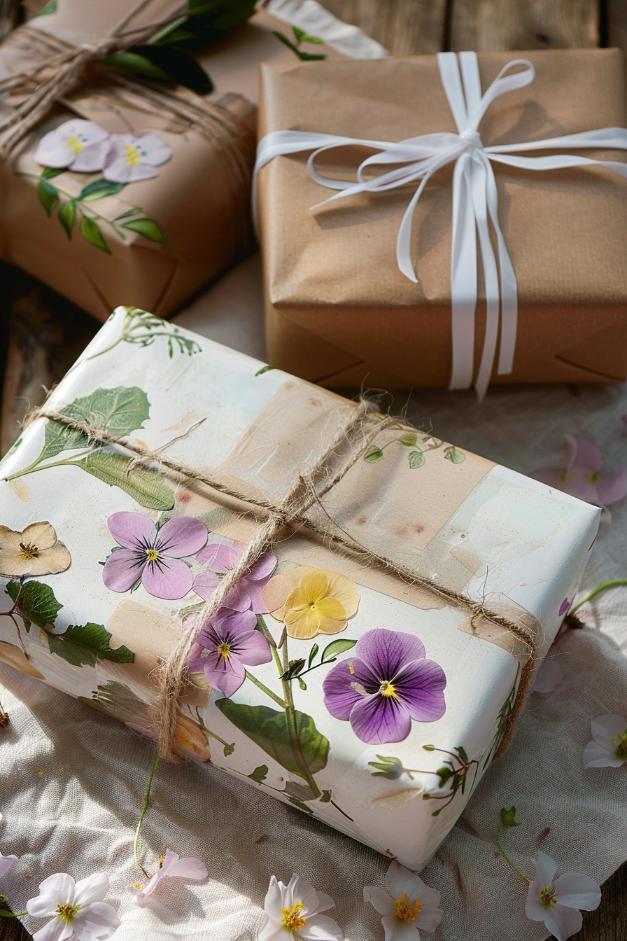 Use an adhesive to paste pressed flowers on your gift wrapping paper for a personalized touch that turns the act of gift-giving into a presentation of nature's art.