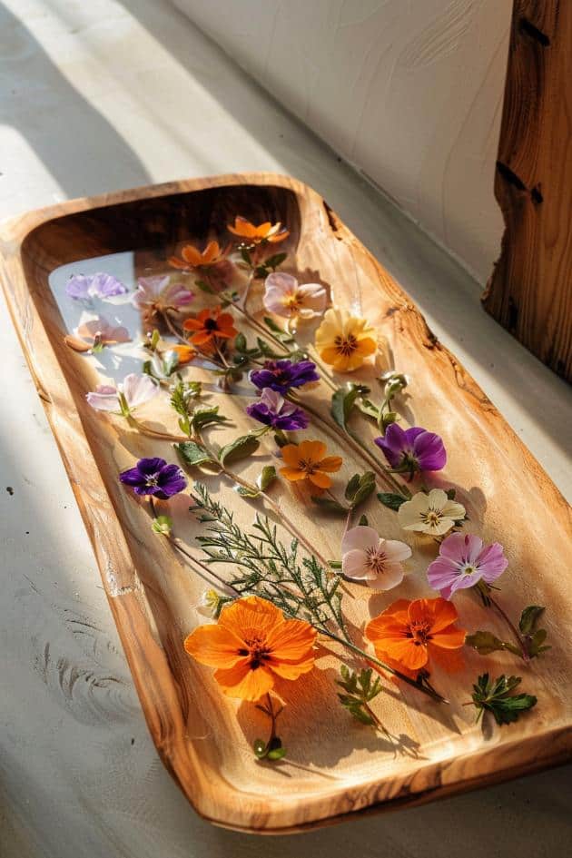 Enhance wooden serving trays by embedding pressed flowers under a layer of clear resin.