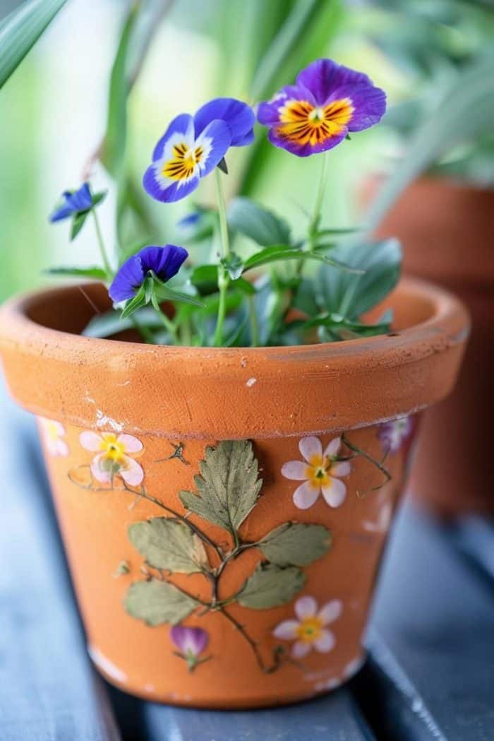 Decorate clay pots by affixing pressed flowers onto the exterior surface and sealing them with a weather-resistant clear coat.