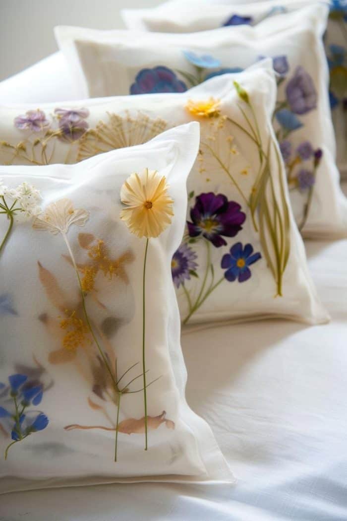Fabricate throw pillows by pressing flowers onto fabric, either by iron-on transfer or encasing them between layers of transparent fabric.