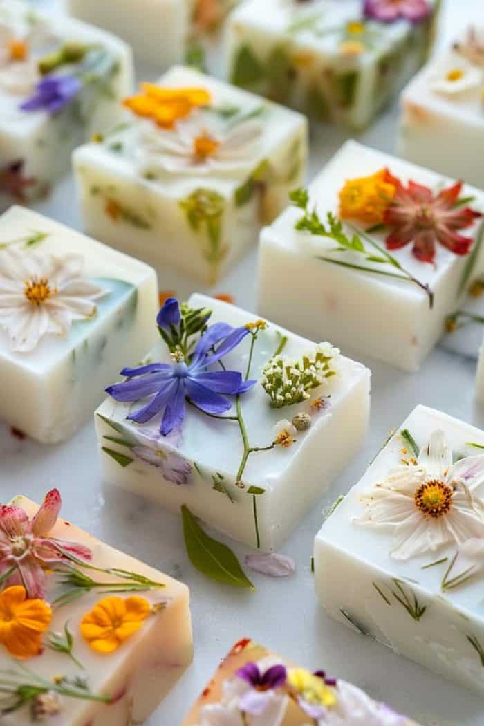 Craft decorative soaps by embedding pressed petals into the top layer, infusing each bar with the essence of a blooming garden.